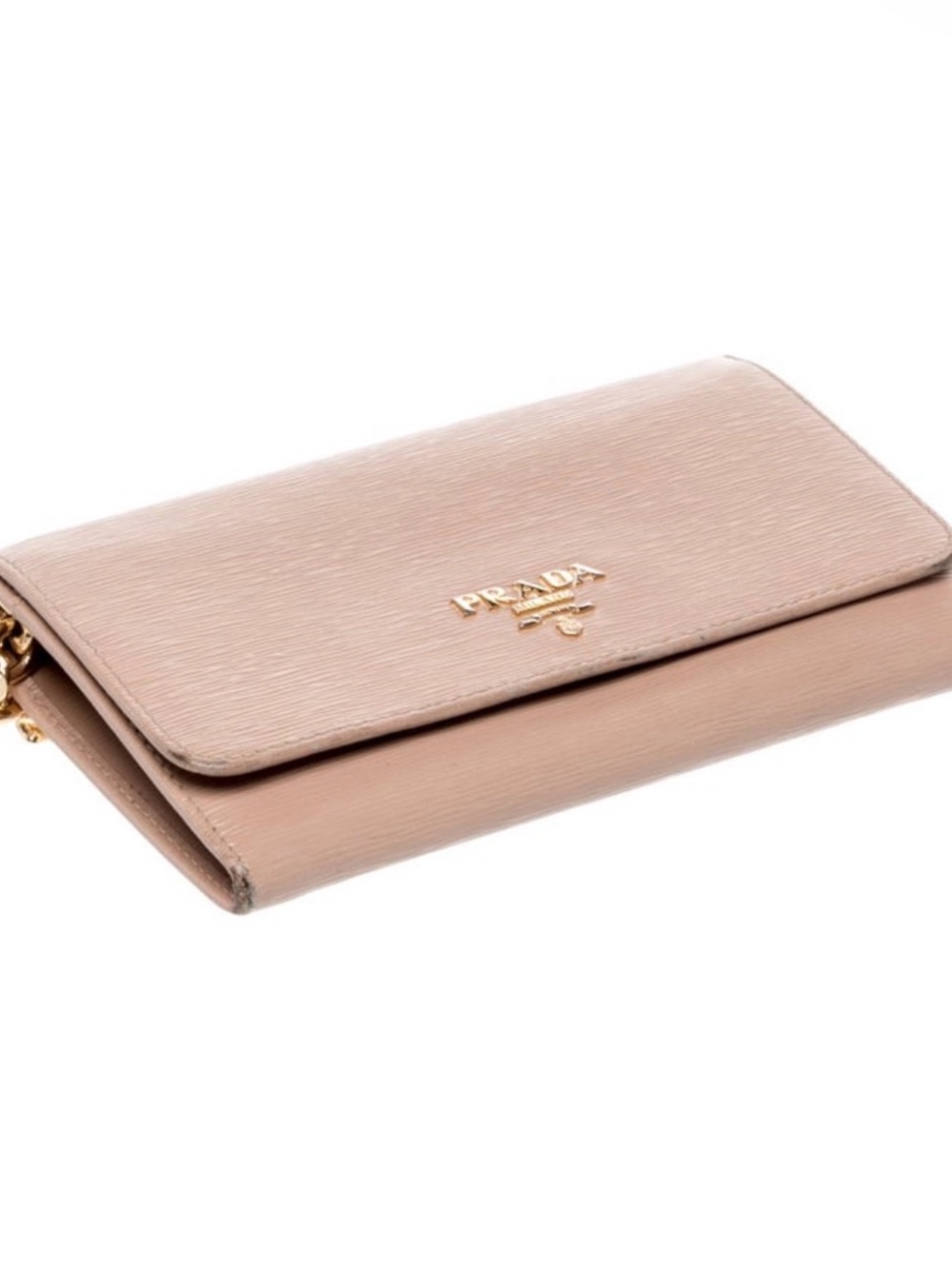 Prada Leather Vitello Fold-Over Wallet Mini in Nude Pink with Gold Logo